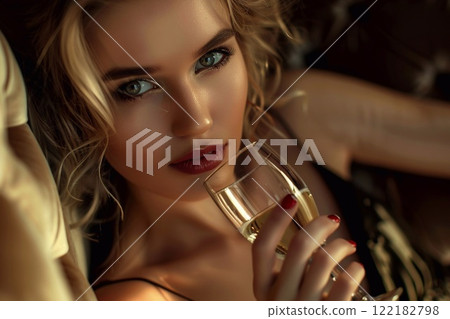 Gorgeous blond woman with champagne glass in her hand in restaurant party.Macro.AI Generative 122182798