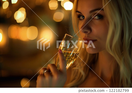 Gorgeous blond woman with champagne glass in her hand in restaurant party.Macro.AI Generative 122182799