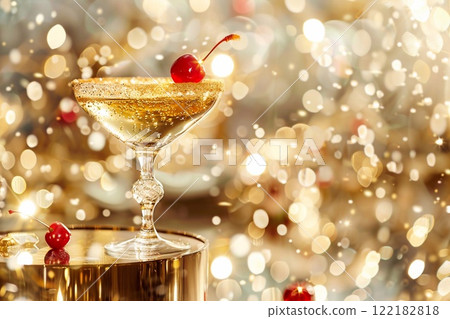 Glass of yellow champagne with cocktail cherry on golden table background.Macro.AI Generative. Glass of yellow champagne with cocktail cherry on golden table background.Macro.AI Generative. 122182818
