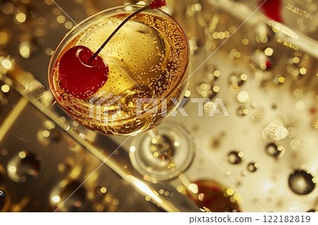 Glass of yellow champagne with cocktail cherry on golden table background.Macro.AI Generative. 122182819