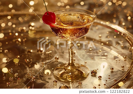 Glass of luxury yellow champagne with cocktail cherry on golden tray.Macro.AI Generative. 122182822