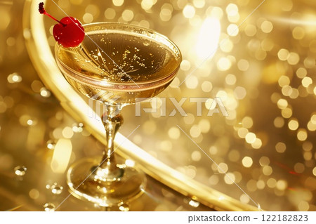 Glass of luxury yellow champagne with cocktail cherry on golden tray.Macro.AI Generative. 122182823