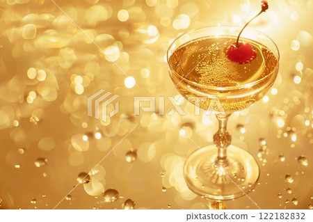 Glass of yellow champagne with cocktail cherry on golden table background.Macro.AI Generative. 122182832