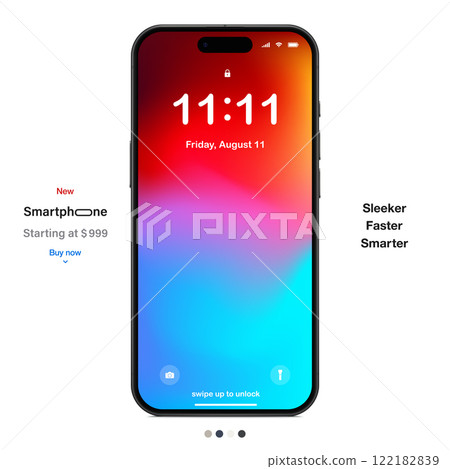 new frameless smartphone grey color with colored screen saver, front view, isolated on white background. mockup of realistic and detailed mobile phone with shadow. vector illustration 122182839