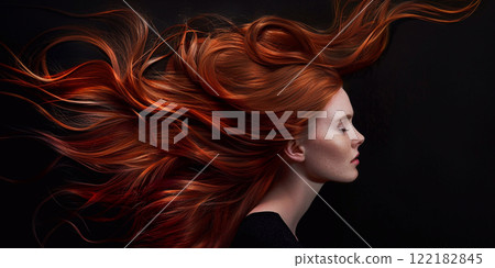 Beautiful woman with long red ginger hair as perfect hair on black treatment.Macro.AI Generative. Beautiful woman with long red ginger hair as perfect hair on black treatment.Macro.AI Generative. 122182845