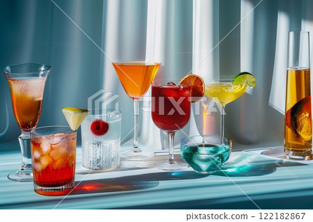 Most popular world summer cocktails in various glasses with ice cubes on table.Macro.AI Generative. 122182867