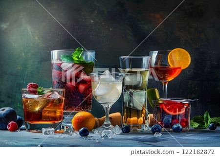 Glasses of various most popular world cocktails with ice cubes on dark background.AI Generative. 122182872