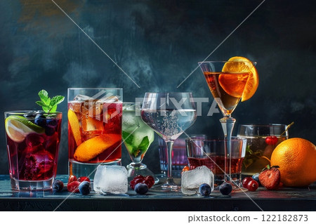 Glasses of various most popular world cocktails with ice cubes on dark background.AI Generative. 122182873