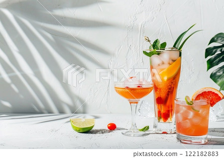 Colorful summer tropical and exotic cocktail glasses with palm shadow on light.AI Generative. 122182883