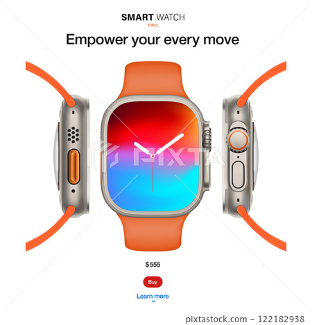 smart watch in a titanium case with a silicone band, front and side views, isolated on a white background.  silver wrist clock with a sporty orange strap in realistic style. vector illustration 122182938