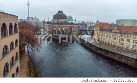 Aerial view on Bode-Museum in Berlin and Spree river and Fernsehturm Aerial view on Bode-Museum in Berlin and Spree river and Fernsehturm 122183163