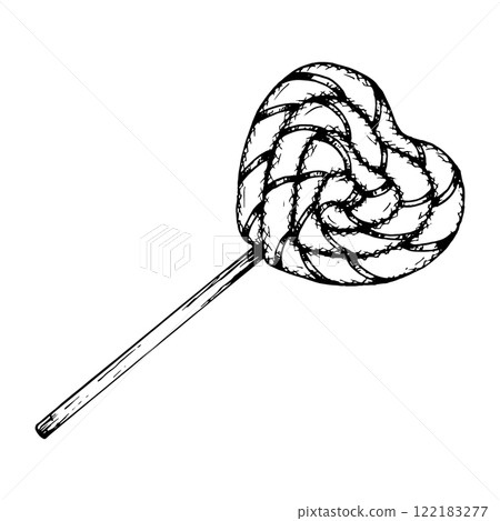 Black and white illustration of a heart-shaped twisted lollipop, drawn in a sketch style. Ideal for Valentine s Day, confectionery branding, bakery design. Great for cards, labels, or menus Black and white illustration of a heart-shaped twisted lollipop, drawn in a sketch style. Ideal for Valentine s Day, confectionery branding, bakery design. Great for cards, labels, or menus 122183277