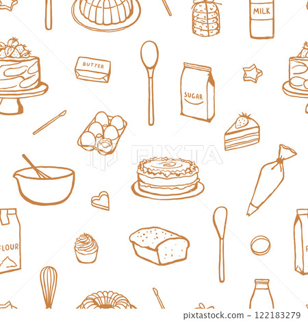 Seamless pattern with hand drawn baking ingredients and cakes Seamless pattern with hand drawn baking ingredients and cakes 122183279