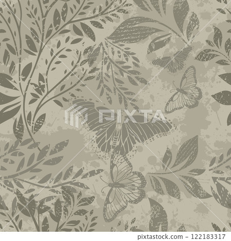 Seamless background vintage leaves with butterflies. hand drawing. Not AI, Vector illustration 122183317