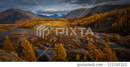 Autumn landscape with a river and trees in a mountainous valley Autumn landscape with a river and trees in a mountainous valley 122183322