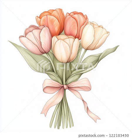Hand-drawn illustration of a tulip bouquet, tied with a simple, elegant ribbon. 122183430
