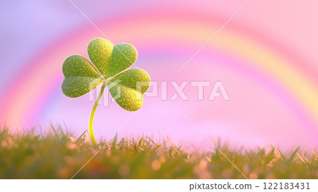 The green clover stands on grass with a pink sky background with a rainbow. The green clover stands on grass with a pink sky background with a rainbow. 122183431