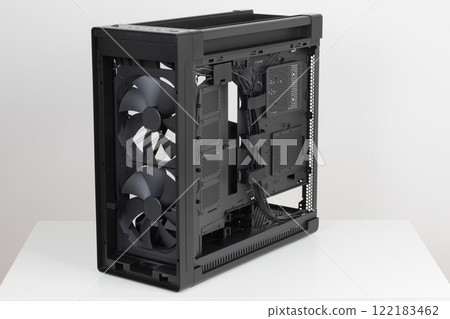 Side view of PC case, chassis, without upper , front, right metal panel and glass left panel. Two extra-thick 200 x 38 mm front fans . Chassis supports up to four HDDs or up to eight SATA SSDs. Side view of PC case, chassis, without upper , front, right metal panel and glass left panel. Two extra-thick 200 x 38 mm front fans . Chassis supports up to four HDDs or up to eight SATA SSDs. 122183462