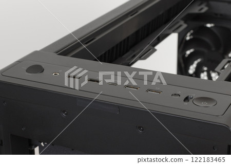 Big tower, PC case,  close up  of the top of the computer case, connectors fan speed control,  USB 2.0, USB 3.2 Gen 1, USB-C, headphones, power button, power lock latch. Without upper  and left  panel 122183465