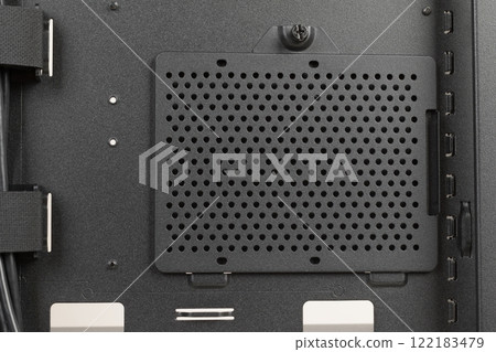 Side view of empty  big tower, PC case, chassis, without  right  metal panel . Place for  3,5 HDDs . 122183479