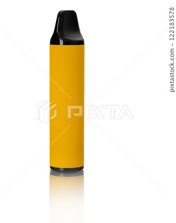 Colored disposable yellow electronic cigarette isolated on white background. Vaping concept 122183578