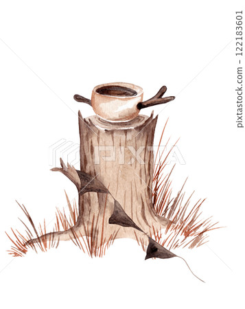 Cast iron pot of soup on a dry tree stump decorated with fabric flags. Autumn in a fairytale forest. Isolated watercolor illustration for your design 122183601