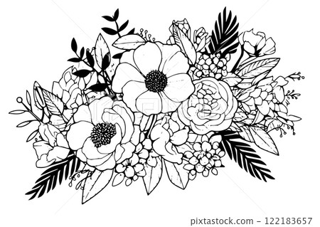 Hand drawn ink sketch of meadow wild flower composition. Engraved style vector illustration. Hand drawn ink sketch of meadow wild flower composition. Engraved style vector illustration. 122183657