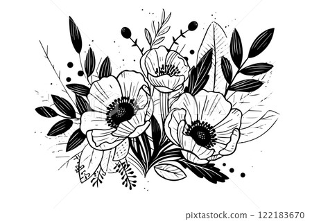 Hand drawn ink sketch of meadow wild flower composition. Engraved style vector illustration. 122183670