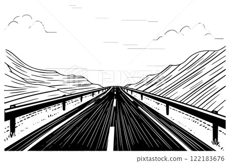 Simple road hand drawn ink sketch highway landscape. Engraved style vector illustration. 122183676
