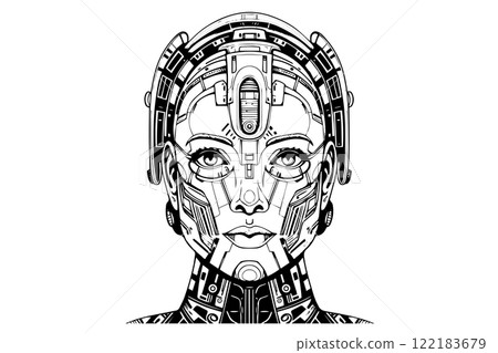 Hand-Drawn AI Robot Cyborg in a Timeless Vintage Engraved Style. Vector Illustration. 122183679