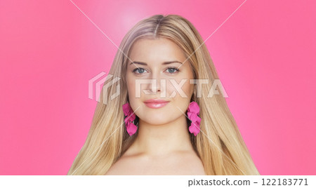 Woman, beauty and elegance, blonde with glamour and pink earrings. Beautiful feminine model, confidence, charm and sophistication, portrait with soft makeup and radiant smile portrait 122183771