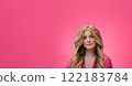 Woman, pink background, beauty and glamour. Blonde beautiful woman, soft curls and glowing skin, fashion and elegance idea 122183784