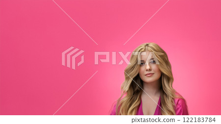 Woman, pink background, beauty and glamour. Blonde beautiful woman, soft curls and glowing skin, fashion and elegance idea Woman, pink background, beauty and glamour. Blonde beautiful woman, soft curls and glowing skin, fashion and elegance idea 122183784