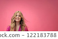 Woman, pink background, beauty and glamour. Blonde beautiful woman, soft curls and glowing skin, fashion and elegance idea 122183788