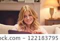 Woman, pen and tablet, creativity and focus on ideas. Blonde beautiful woman, elegance and inspiration at home, working on designs and digital projects with style concept 122183795
