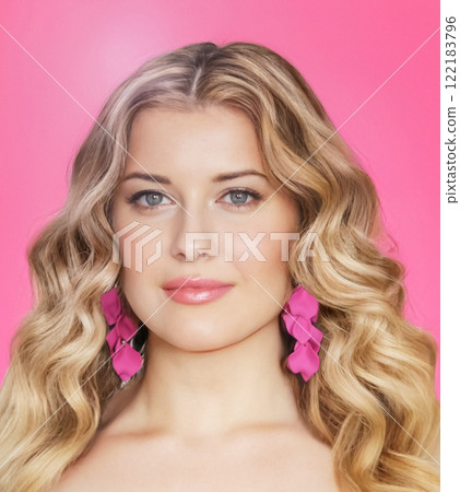 Woman, beauty and elegance, blonde with glamour curls and pink earrings. Beautiful feminine model, confidence, charm and sophistication, portrait with soft makeup and radiant smile portrait 122183796