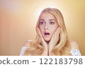 Woman, beauty and surprise, skincare routine and facial expression of amazement. Blonde beautiful woman, glamour, elegance and cosmetic glow, portrait and joyful expression of wonder idea 122183798