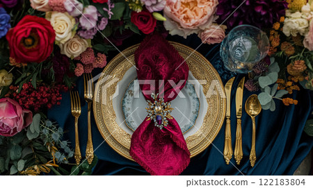 Elegant royal dining table adorned with luxurious floral arrangements for wedding or event, vintage tableware, and candles in a classic English countryside manor, creating a romantic and sophisticated 122183804