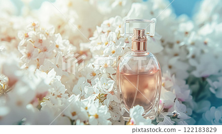 Perfume bottle in flowers, fragrance on blooming background, floral scent and cosmetic product idea 122183829