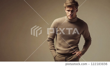 Handsome English man model dressed up smart casual fashion style, exuding refined masculinity and timeless elegance idea 122183836