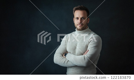 Handsome English man model dressed up smart casual fashion style, exuding refined masculinity and timeless elegance idea 122183870