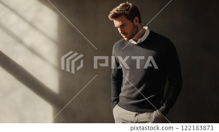 Handsome English man model dressed up smart casual fashion style, exuding refined masculinity and timeless elegance idea Handsome English man model dressed up smart casual fashion style, exuding refined masculinity and timeless elegance idea 122183871