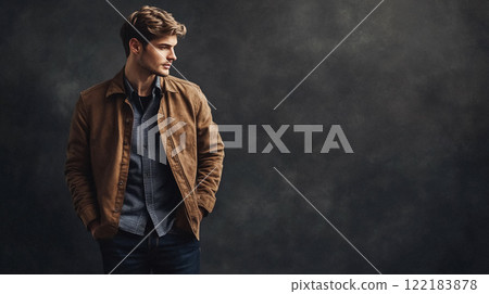 Handsome English man model dressed up smart casual fashion style, exuding refined masculinity and timeless elegance idea 122183878