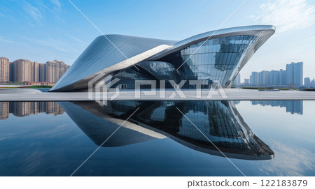 Modern architecture reflecting in water on a clear day 122183879