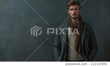Handsome English man model dressed up smart casual fashion style, exuding refined masculinity and timeless elegance idea 122183941