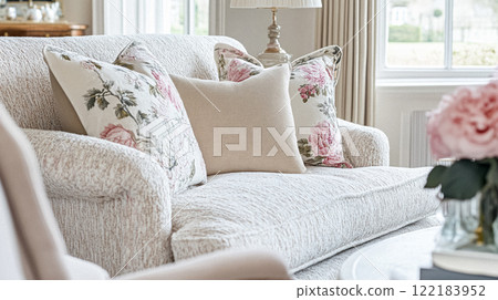 Winter interior design and decoration, elegant country cottage style room, soft neutral tones and cosy atmosphere in an English countryside manor home interior idea 122183952