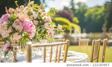 Wedding decoration with peonies, floral decor and event celebration, peony flowers and wedding ceremony in the garden, English country style Wedding decoration with peonies, floral decor and event celebration, peony flowers and wedding ceremony in the garden, English country style 122183957