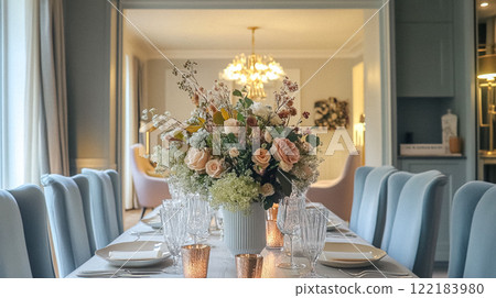 Winter interior design and decoration, elegant country cottage style room, soft neutral tones and cosy atmosphere in an English countryside manor home interior idea 122183980