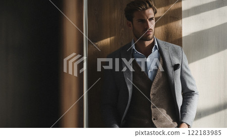 Handsome English man model dressed up smart casual fashion style, exuding refined masculinity and timeless elegance idea 122183985