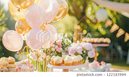 Summer party celebration in the garden, outdoor lounge and countryside house patio decor, English country cottage house design idea 122183994